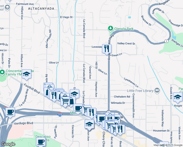 map of restaurants, bars, coffee shops, grocery stores, and more near 4822 Grand Avenue in La Cañada Flintridge