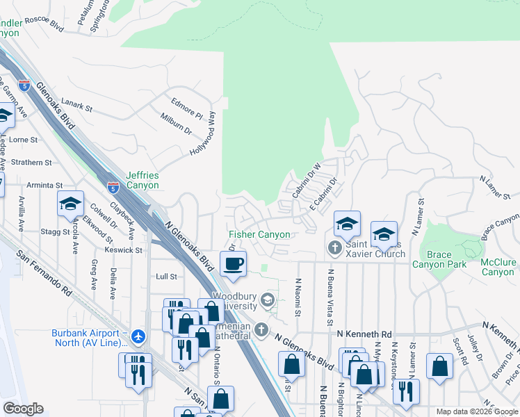 map of restaurants, bars, coffee shops, grocery stores, and more near 9717 Vía Roma in Burbank