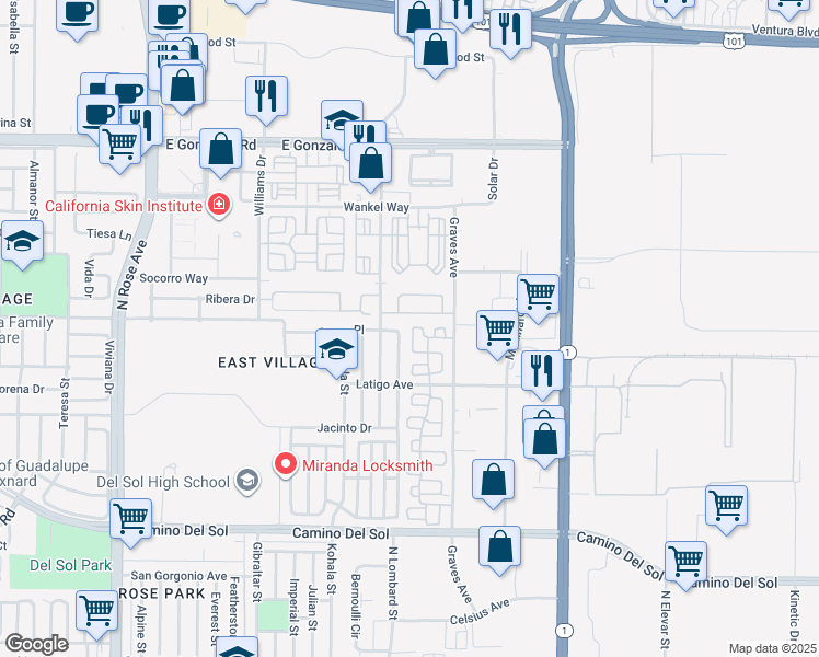 map of restaurants, bars, coffee shops, grocery stores, and more near 1123 Paseo Las Nubes in Oxnard