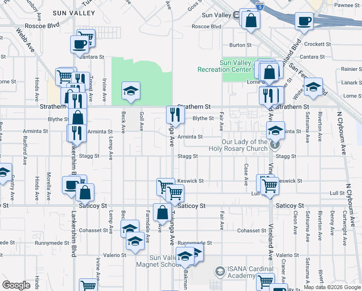 map of restaurants, bars, coffee shops, grocery stores, and more near 11335 Arminta Street in Los Angeles