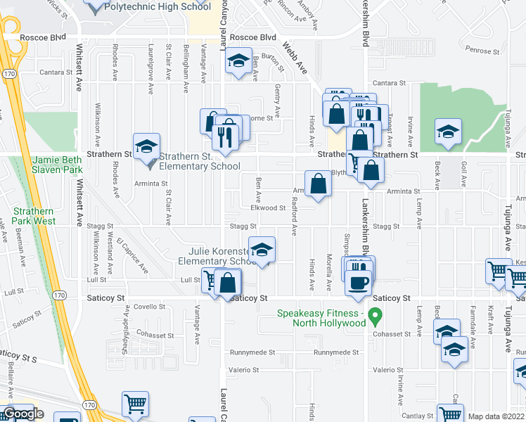 map of restaurants, bars, coffee shops, grocery stores, and more near 11936 Arminta Street in Los Angeles