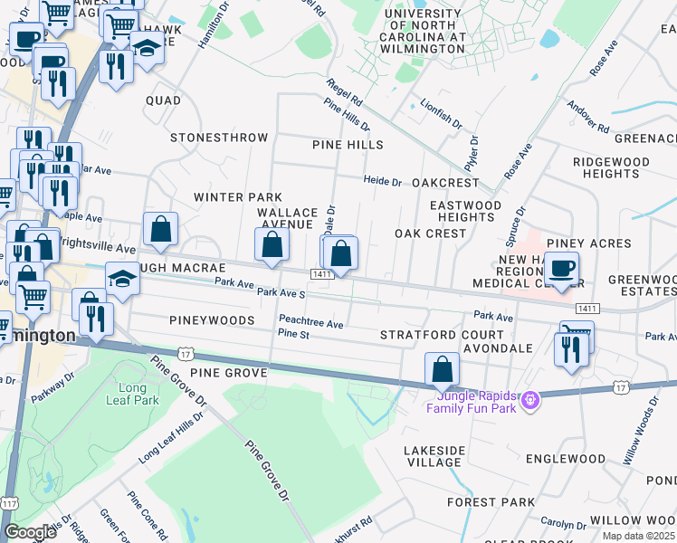 map of restaurants, bars, coffee shops, grocery stores, and more near 5027 Wrightsville Avenue in Wilmington
