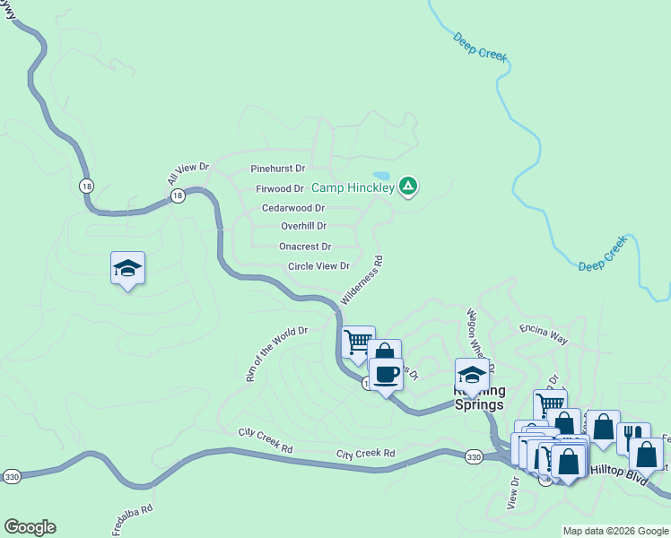 map of restaurants, bars, coffee shops, grocery stores, and more near 31505 Circle View Drive in Running Springs