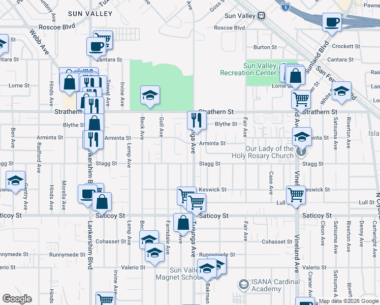map of restaurants, bars, coffee shops, grocery stores, and more near 7825 Tujunga Avenue in Los Angeles