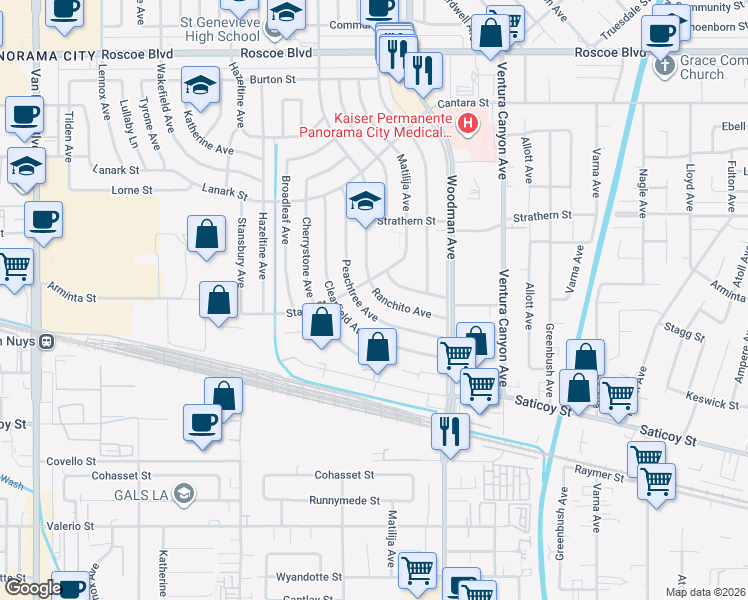 map of restaurants, bars, coffee shops, grocery stores, and more near 7847 Ranchito Avenue in Los Angeles