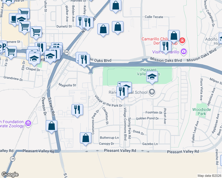 map of restaurants, bars, coffee shops, grocery stores, and more near 209 Riverdale Court in Camarillo