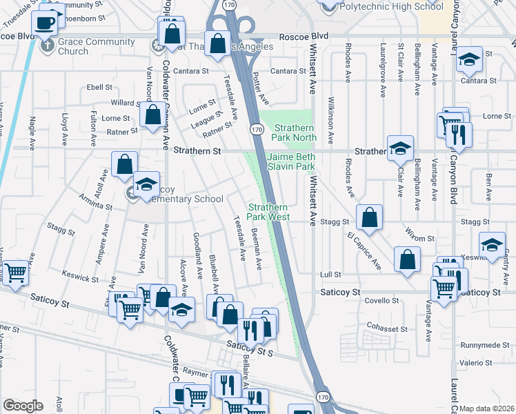 map of restaurants, bars, coffee shops, grocery stores, and more near 12635 Divan Place in Los Angeles