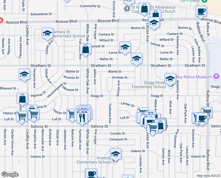 map of restaurants, bars, coffee shops, grocery stores, and more near 7825 Jutland Avenue in Los Angeles