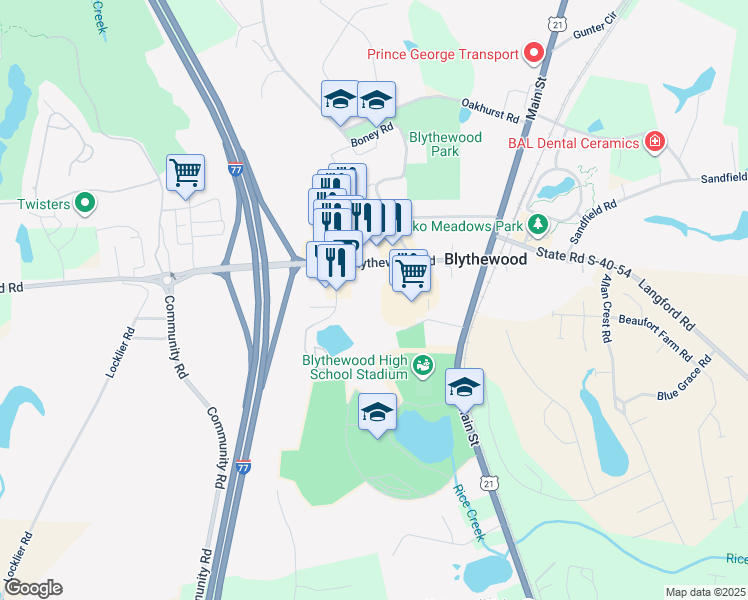 map of restaurants, bars, coffee shops, grocery stores, and more near 121 Creech Road in Blythewood