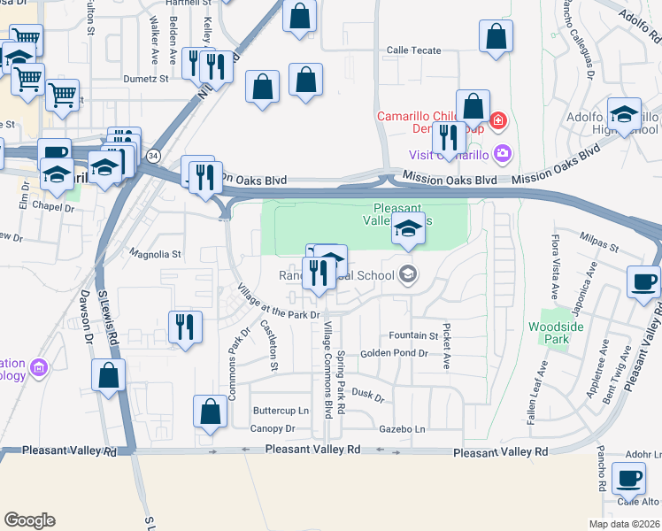 map of restaurants, bars, coffee shops, grocery stores, and more near 202 Village Commons Boulevard in Camarillo