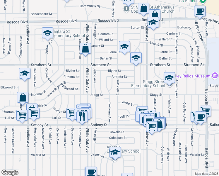 map of restaurants, bars, coffee shops, grocery stores, and more near 7825 Jutland Avenue in Los Angeles