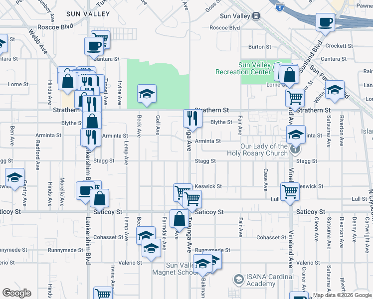 map of restaurants, bars, coffee shops, grocery stores, and more near 7825 Tujunga Avenue in Los Angeles