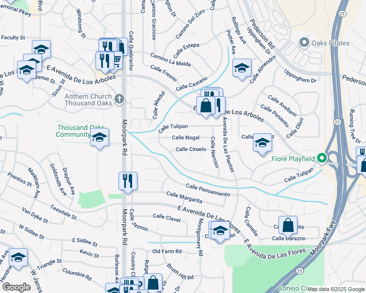 map of restaurants, bars, coffee shops, grocery stores, and more near 859 Calle Ciruelo in Thousand Oaks