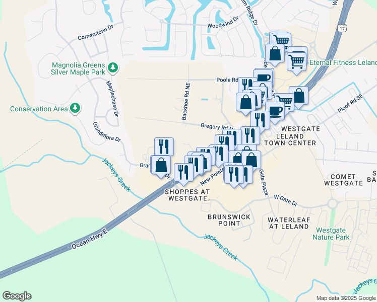 map of restaurants, bars, coffee shops, grocery stores, and more near 35 Benton Brown Way Northeast in Leland