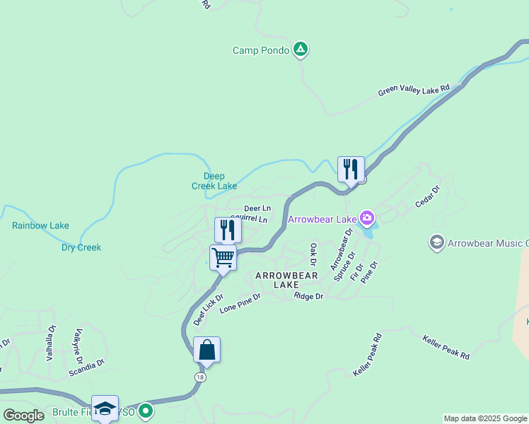 map of restaurants, bars, coffee shops, grocery stores, and more near Deer Lane in Running Springs