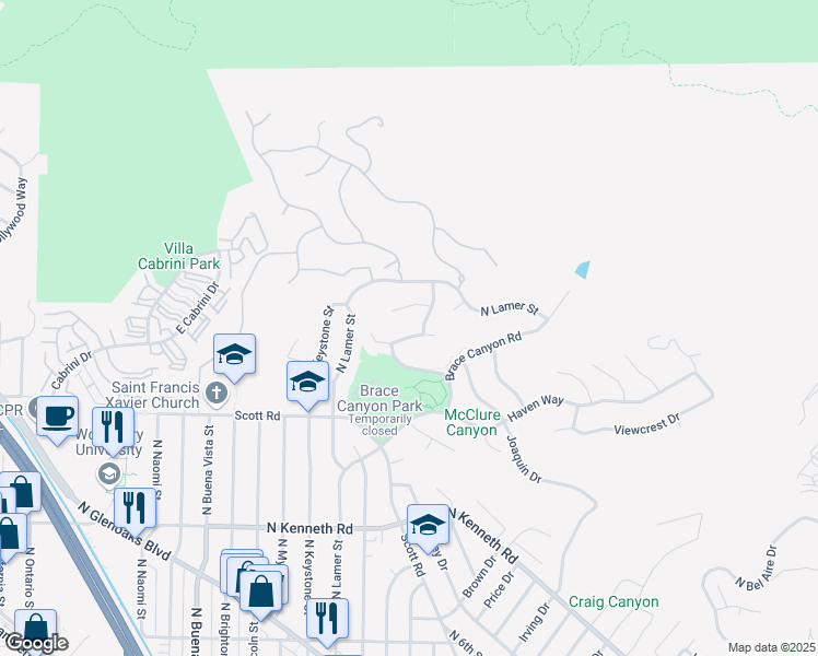 map of restaurants, bars, coffee shops, grocery stores, and more near 3119 Mesa Verde Drive in Burbank