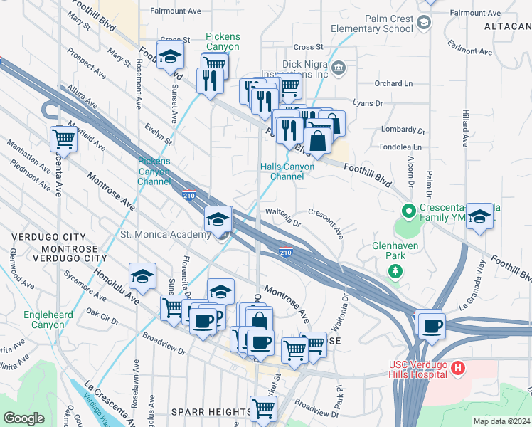 map of restaurants, bars, coffee shops, grocery stores, and more near 2274 Luana Lane in La Crescenta-Montrose