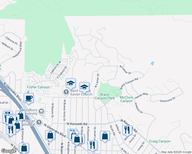 map of restaurants, bars, coffee shops, grocery stores, and more near 3045 North Lamer Street in Burbank