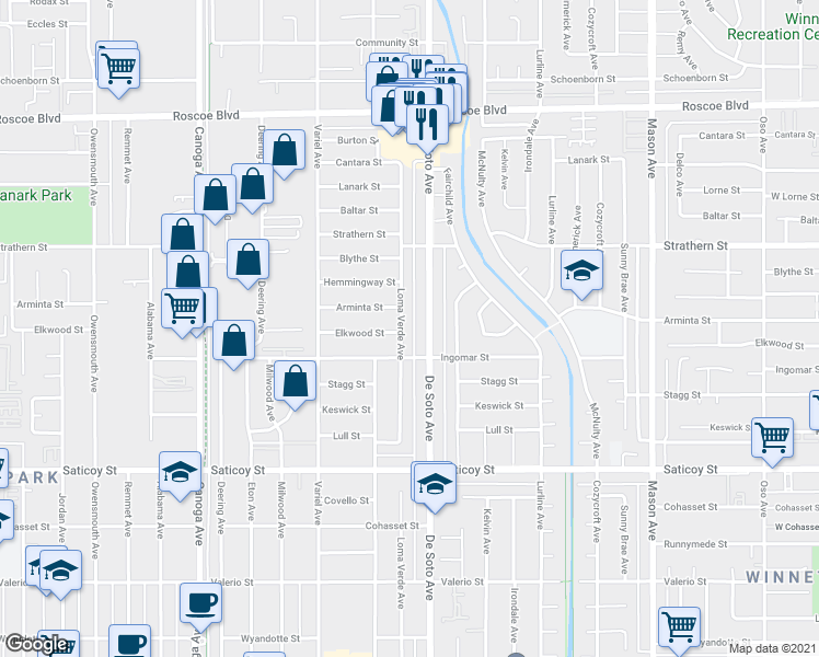 map of restaurants, bars, coffee shops, grocery stores, and more near 20932 Arminta Street in Los Angeles