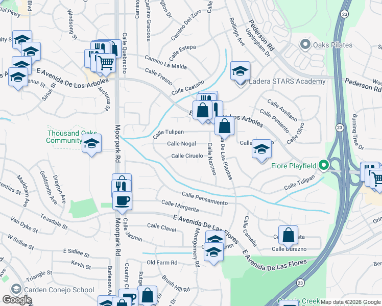 map of restaurants, bars, coffee shops, grocery stores, and more near 1020 Calle Nogal in Thousand Oaks