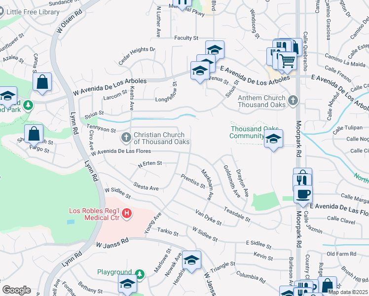 map of restaurants, bars, coffee shops, grocery stores, and more near 102 Sandberg Street in Thousand Oaks