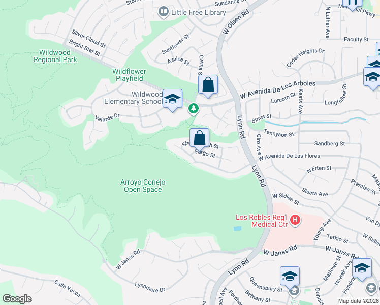 map of restaurants, bars, coffee shops, grocery stores, and more near 614 Shenandoah Street in Thousand Oaks