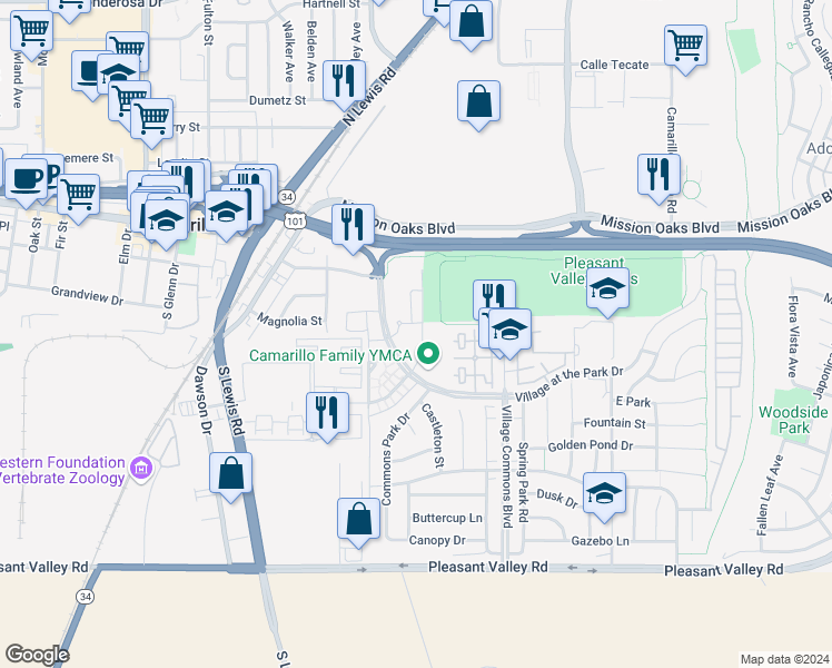 map of restaurants, bars, coffee shops, grocery stores, and more near 189 Westpark Court in Camarillo