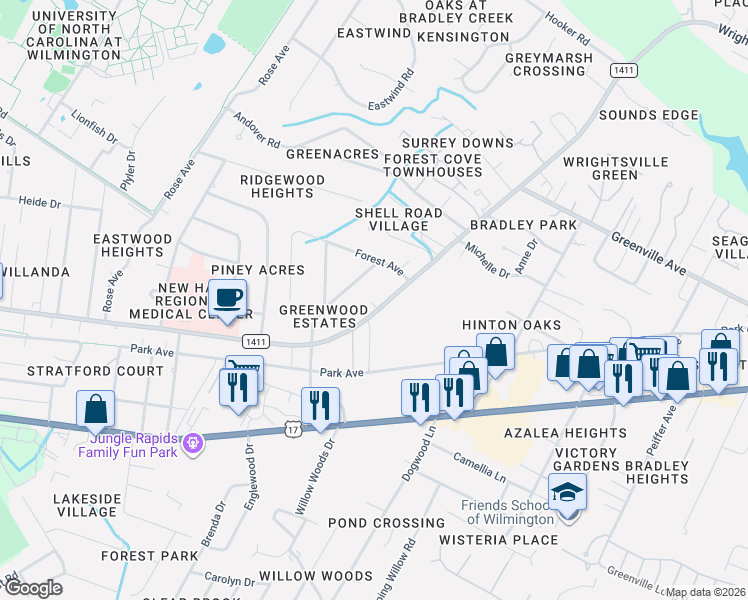 map of restaurants, bars, coffee shops, grocery stores, and more near 5584 Sycamore Street in Wilmington