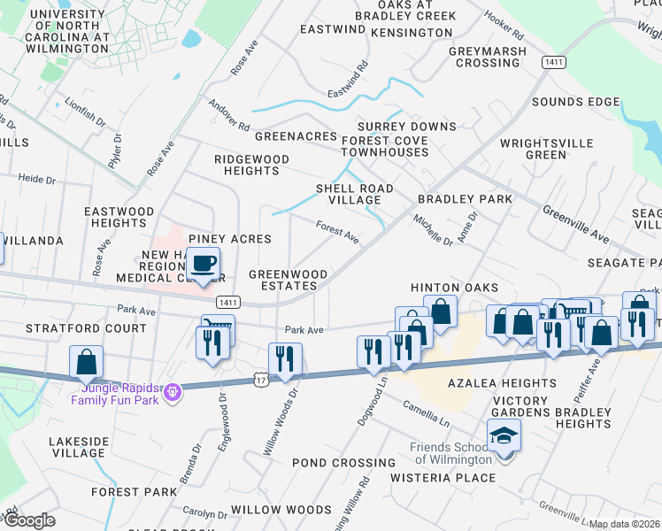 map of restaurants, bars, coffee shops, grocery stores, and more near 5584 Sycamore Street in Wilmington
