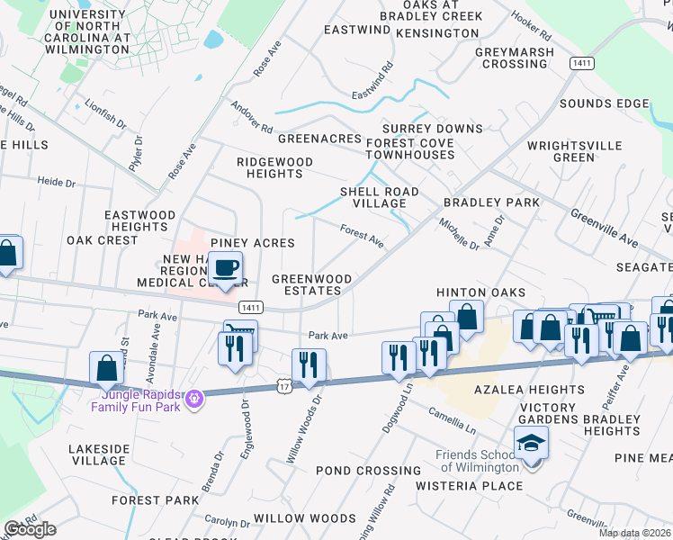 map of restaurants, bars, coffee shops, grocery stores, and more near 5584 Sycamore Street in Wilmington
