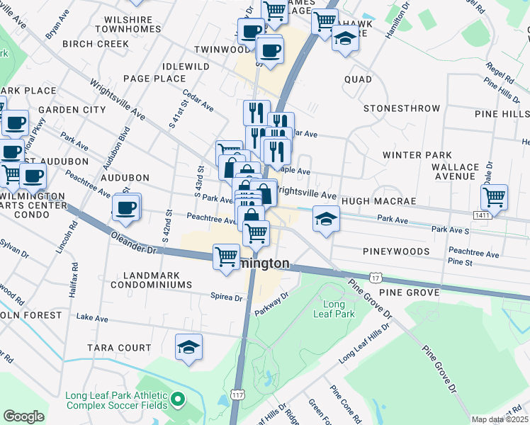 map of restaurants, bars, coffee shops, grocery stores, and more near 4601 Park Avenue in Wilmington