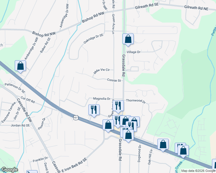 map of restaurants, bars, coffee shops, grocery stores, and more near 3 Terry Lane in Cartersville