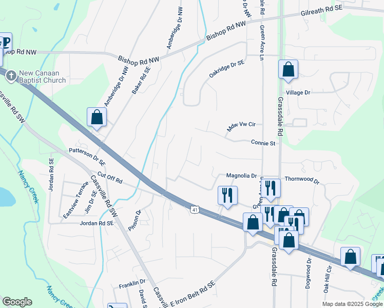 map of restaurants, bars, coffee shops, grocery stores, and more near 27 Paige Street in Cartersville