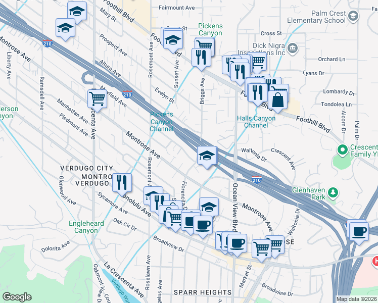 map of restaurants, bars, coffee shops, grocery stores, and more near 2415 Mayfield Avenue in La Crescenta-Montrose