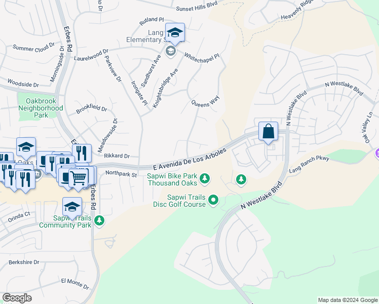 map of restaurants, bars, coffee shops, grocery stores, and more near 2512 Kensington Avenue in Thousand Oaks