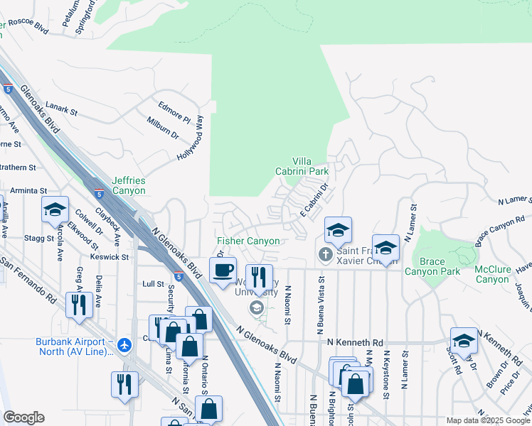 map of restaurants, bars, coffee shops, grocery stores, and more near 9584 Vía Bernardo in Burbank