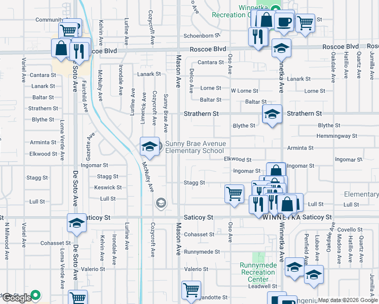 map of restaurants, bars, coffee shops, grocery stores, and more near 20448 Arminta Street in Los Angeles