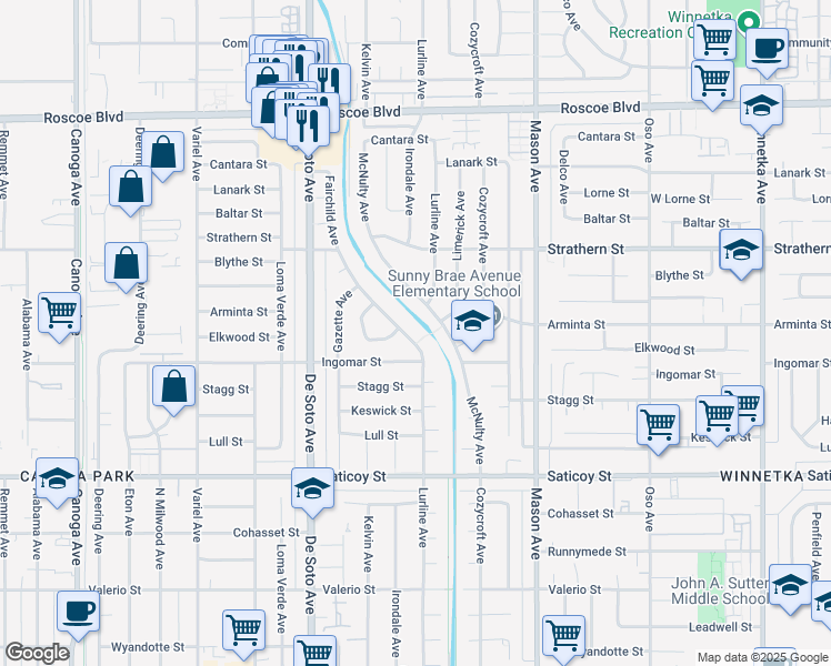 map of restaurants, bars, coffee shops, grocery stores, and more near 7830 Fairchild Avenue in Los Angeles