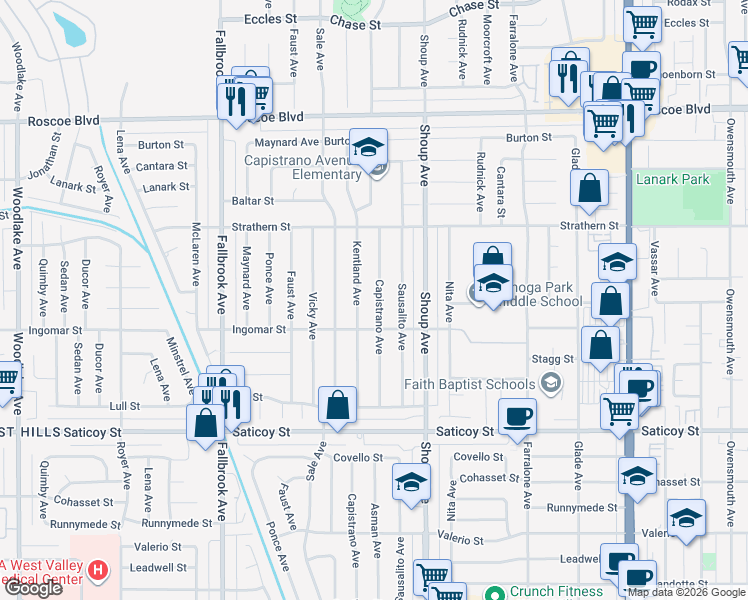 map of restaurants, bars, coffee shops, grocery stores, and more near 7831 Capistrano Avenue in Los Angeles