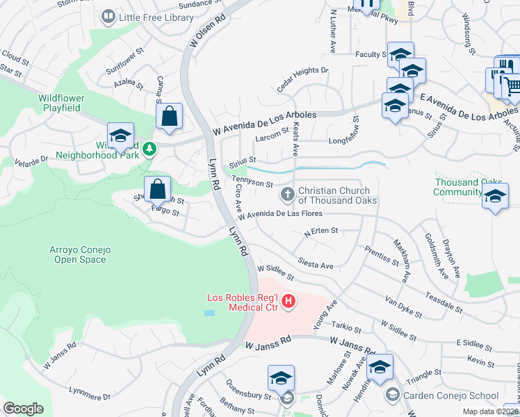 map of restaurants, bars, coffee shops, grocery stores, and more near 291 West Avenida De Las Flores in Thousand Oaks
