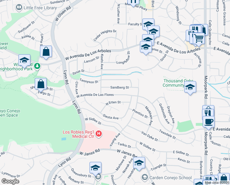 map of restaurants, bars, coffee shops, grocery stores, and more near 181 West Avenida De Las Flores in Thousand Oaks