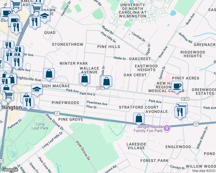 map of restaurants, bars, coffee shops, grocery stores, and more near 5027 Wrightsville Avenue in Wilmington