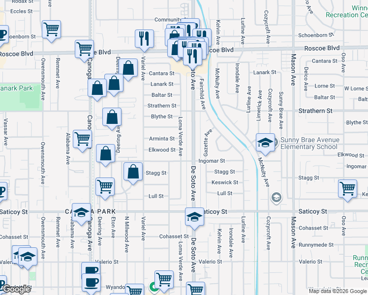 map of restaurants, bars, coffee shops, grocery stores, and more near 20932 Arminta Street in Los Angeles
