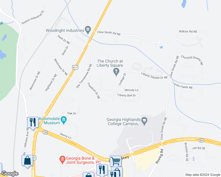 map of restaurants, bars, coffee shops, grocery stores, and more near 18 Liberty Crossing Drive Northeast in Cartersville