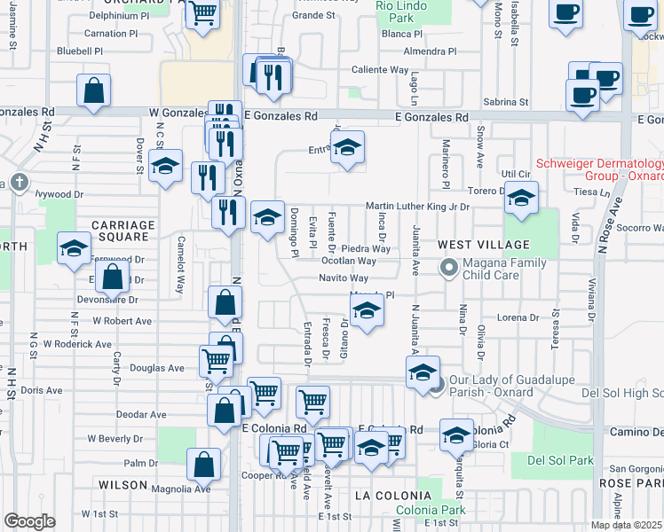map of restaurants, bars, coffee shops, grocery stores, and more near 600 Ocotlan Way in Oxnard