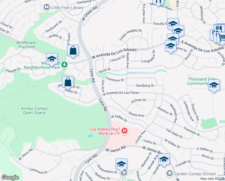 map of restaurants, bars, coffee shops, grocery stores, and more near 291 West Avenida De Las Flores in Thousand Oaks