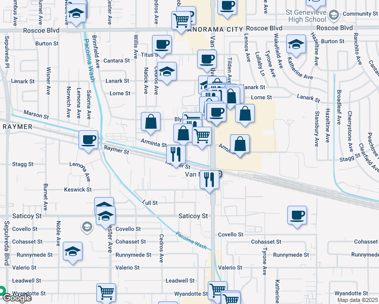 map of restaurants, bars, coffee shops, grocery stores, and more near 14547 Arminta Street in Los Angeles
