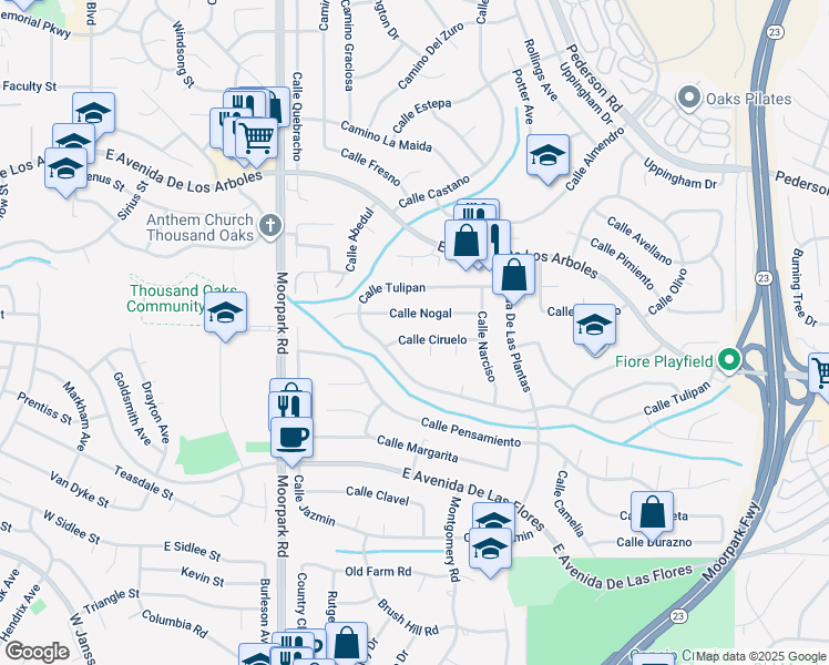 map of restaurants, bars, coffee shops, grocery stores, and more near 859 Calle Ciruelo in Thousand Oaks