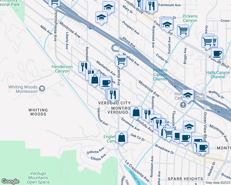 map of restaurants, bars, coffee shops, grocery stores, and more near 2812 Hermosa Avenue in La Crescenta-Montrose