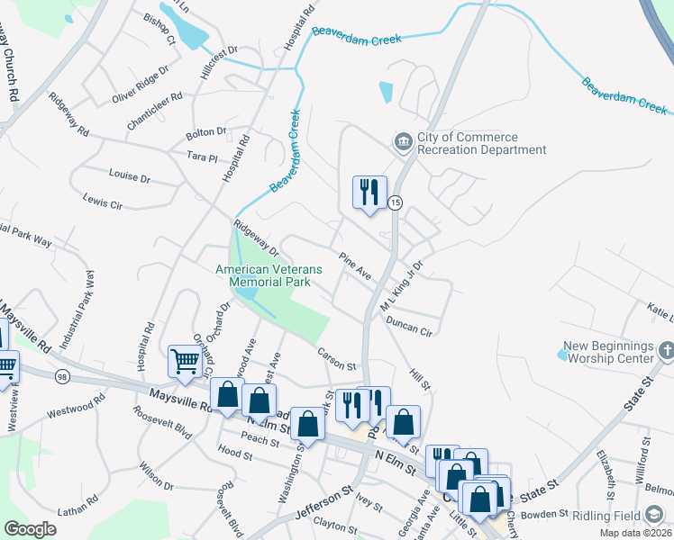 map of restaurants, bars, coffee shops, grocery stores, and more near 197 Pine Avenue in Commerce